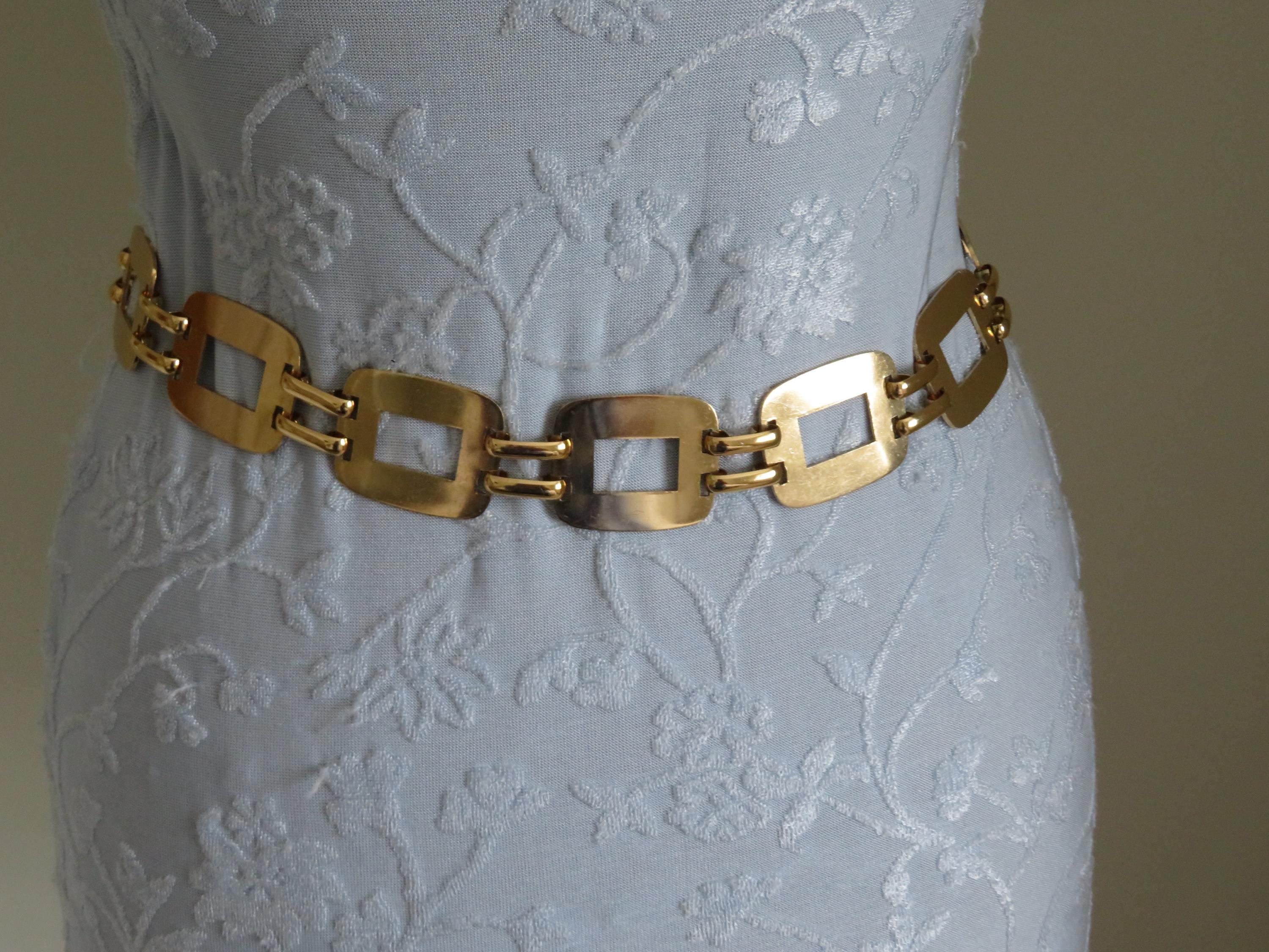 Vintage Gold Tone Rectangular Panel and Book Chain Link Belt 