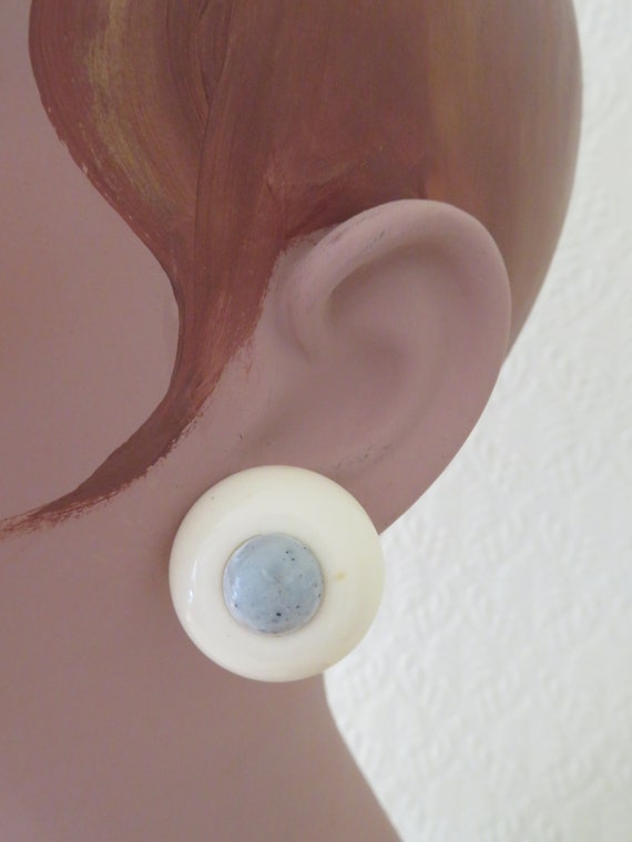 Vintage Ivory and Speckled Pale Blue Lucite Earri… - image 1