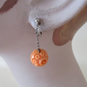 Authentic Art Deco Pale Coral Carved Galalith Ball Drop Earrings on Silver Tone Screw Fittings - 1930&#39;s