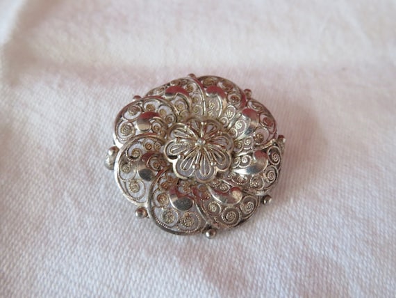 Broche Ancienne Fleur En Argent Massif 925 - Travail Filigrane - Occasion