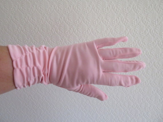 Vintage Pink Nylon Over Wrist Gloves with Ruched … - image 1