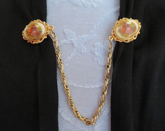 Vintage Gold Tone & Lucite Fragonard Courting Couple Collar/Cape/Cardigan/Sweater/Chatelaine Pin/Brooch/Clip/Guard - 1960&#39;s