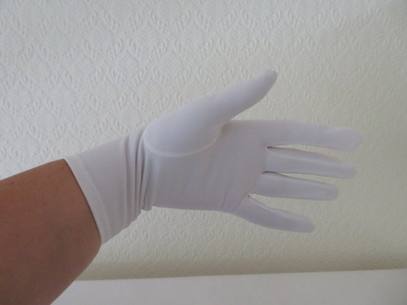 Vintage White Stretch Nylon Over Wrist Gloves by … - image 2