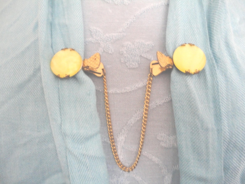 Vintage Cape/Cardigan/Sweater Brooch/Clip/Guard - Pearlised Lemon/Yellow Faux Mother of Pearl image 1