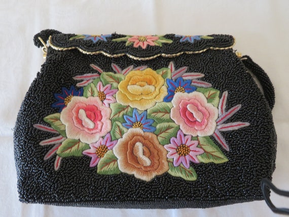 Vintage Black Micro Bead and Floral/Flower Embroi… - image 5