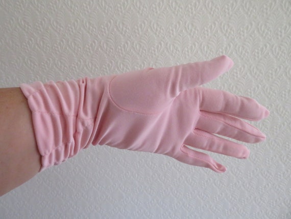 Vintage Pink Nylon Over Wrist Gloves with Ruched … - image 2