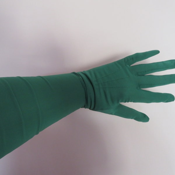 Vintage Green Silky Nylon Opera Length Gloves by Pinkhams - 1950's  Size 7.5  Rare Find - NOS