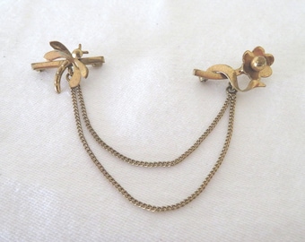 Vintage Gold Tone Flower & Dragonfly/Butterfly Duo/Chatelaine/Collar Pin/Brooch - 1960's