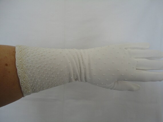 Vintage White Mid Length Nylon Simplex Gloves wit… - image 2