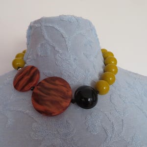Vintage Designer Statement Mustard, Black & Marbled Brown Chunky Bead Necklace by Angela Caputi - Prym Original Clasp and Gift Bag - 2000&#39;s