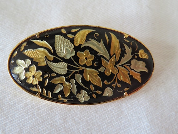 Vintage Damascene/toledo Ware Gold Tone and Black Oval