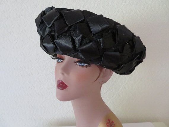 Vintage Black Woven Raffia on Net Upturned Brim H… - image 2