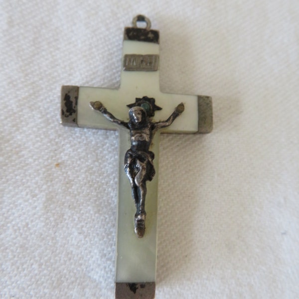 Vintage Silver and Mother of Pearl Cross Crucifix/Cross/Pendant - 1900's - Poinceau Mark & Tested