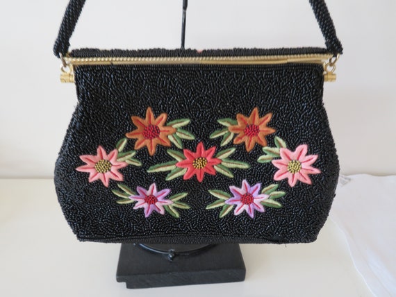 Vintage Black Micro Bead and Floral/Flower Embroi… - image 2
