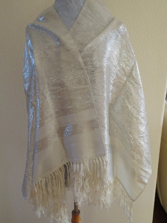 Vintage Silver Lurex Stripe Wrap/Shawl/Scarf with… - image 2