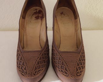 Vintage 1950's Brown Grosgrain & Cordé Shoes by Lotus Cordé Novara UK 4.5 EUR 37.5 US 5.5