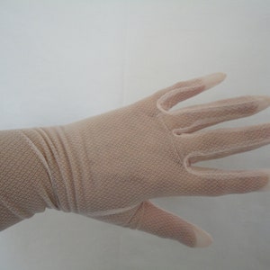 Vintage Pale Pink Semi Sheer Nylon Net Elbow Length Gloves - 1960s - Size 7 to 7.5 - Wedding/Prom/Bridal/Burlesque/Races/Cruise