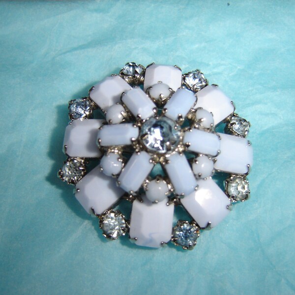 Vintage WEISS Pale Blue Milk Glass and Rhinestone Brooch/Pin - Rare colour