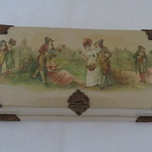 Vintage/Antique Celluloid Covered Sewing Box/Etui Complete with Tools & Thimble - Courting Couples/Romantic Scenes - Early 1900&#39;s