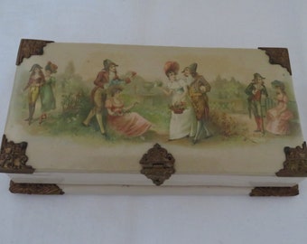 Vintage/Antique Celluloid Covered Sewing Box/Etui Complete with Tools & Thimble - Courting Couples/Romantic Scenes - Early 1900's