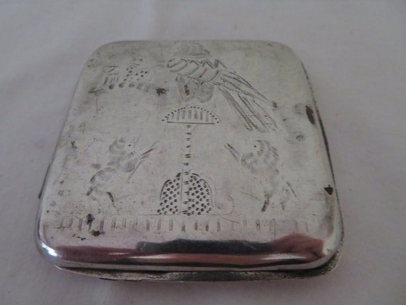 Vintage Trench Art/prisoner of War Silver Plated Cigarette Case , Egyptian  Sphinx, Birds & Lions - WWI - See Condition