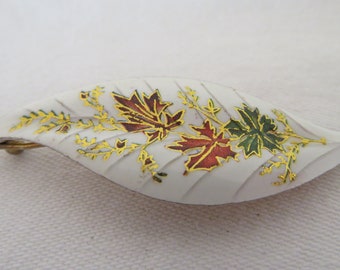 Vintage Gold Tone and White Enamel Leaf Design Hair Grip/Clip/Slide/Barrette - 1990's - Multicolour Leaves and Twigs