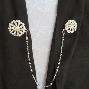 Vintage Style Diamante/Rhinestone and Silver Tone Chatelaine/Duo Brooch/Pins - Cardigan/Sweater Brooch/Clip/Guard  2000&#39;s - Stylised Flowers