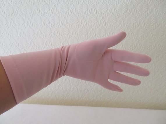 Vintage Pink Nylon Mid Length Gloves with Embroid… - image 4