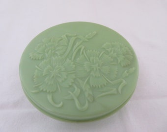 Vintage Art Deco Round Green Urea Formaldehyde/Early Plastic Powder/Trinket Box with Moulded Floral/Flower Design - 1930&#39;s - Large Size