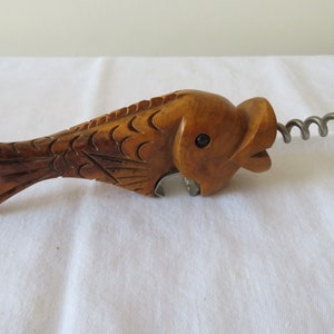 Vintage Hand Carved Olive Wood Fish Handle and Metal Corkscrew with Bottle Opener - 1970&#39;s - Fishing/Ocean/Sea/Coast/Aquarium - Bar/Man Cave