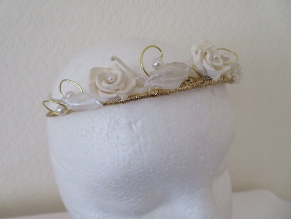 Vintage Ivory Rose and White Leaves Tiara/Crown/H… - image 2