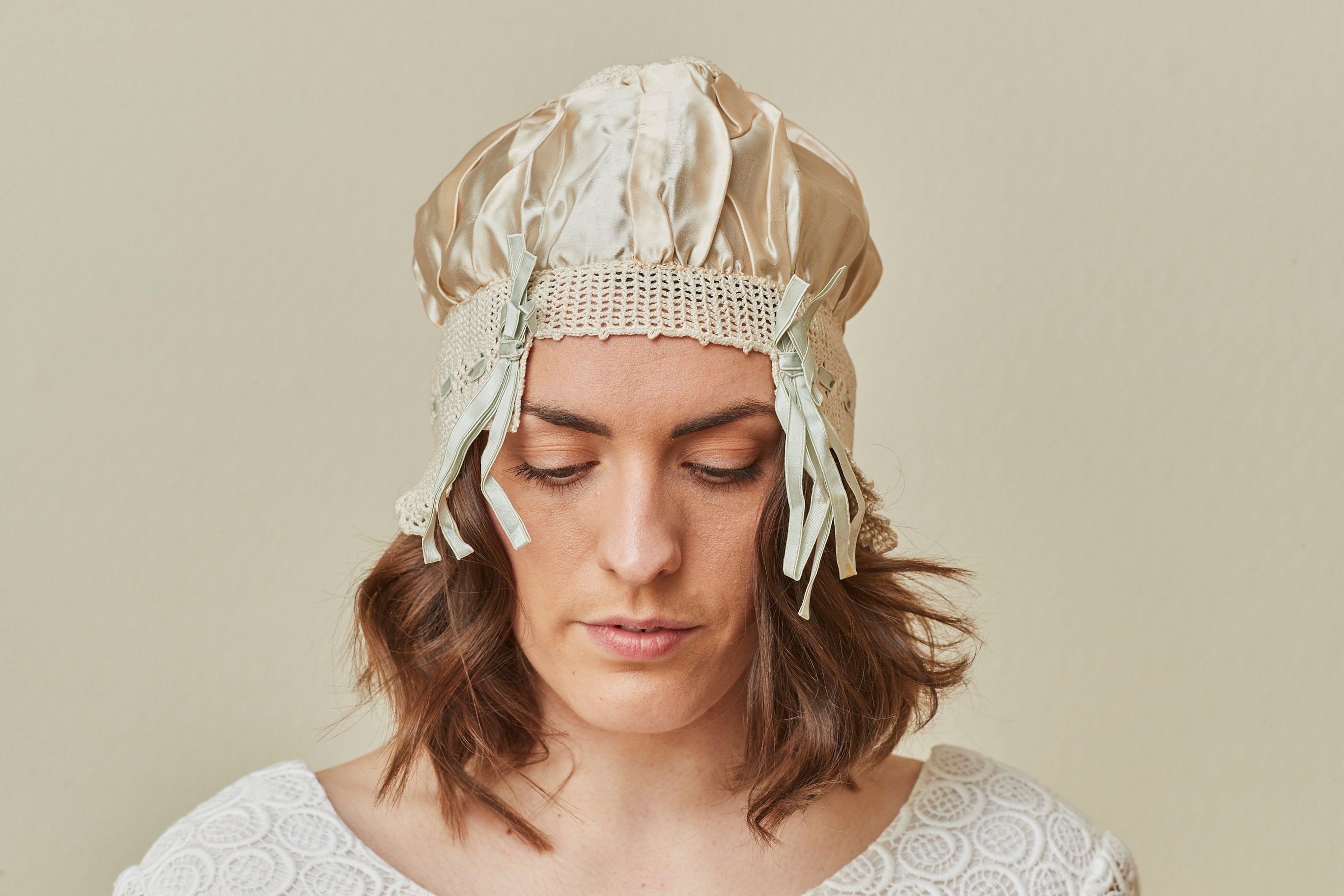 Art Deco Ivory Satin & Lace Juliet/Flapper Cap With Blue Ribbon Trim - See Condition