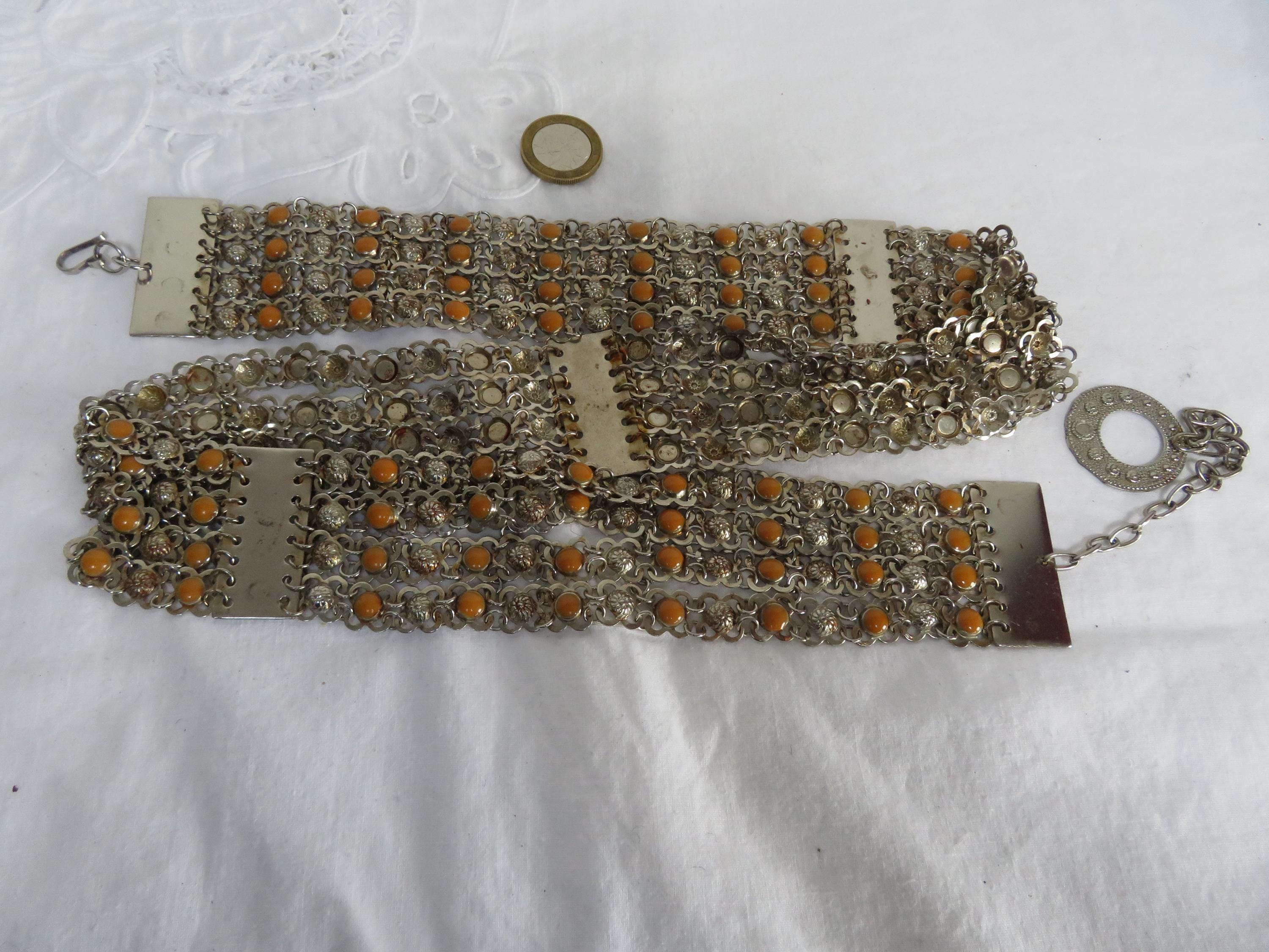 Vintage Silver Tone Flower Link Multi Chain Belt, Ornate 