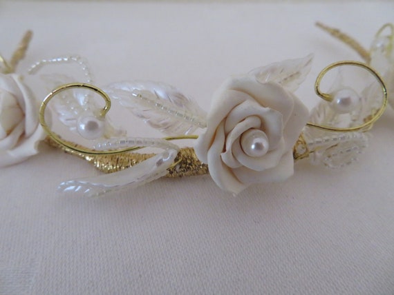 Vintage Ivory Rose and White Leaves Tiara/Crown/H… - image 6