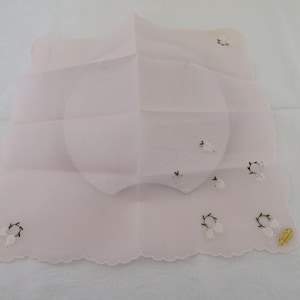 Vintage Pink Hankie/Handkerchief/Hanky with Pretty Embroidered Snowdrops to Corners - Bridal/Wedding Keepsake - NOS Made in Switzerland
