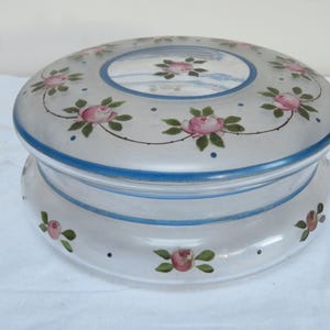 Vintage Glaspuderschale mit hübschen handbemalten Rosen - riesige Größe - 1930er Jahre - Vanity/Make Up/Frisiertisch - Siehe Zustandsanleitung