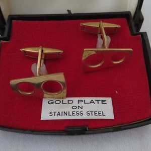 Vintage Gold Plate on Stainless Steel Cufflinks by Buccaneer Complete in Original Box - 1970&#39;s - Modernist Style - Ideal Gift