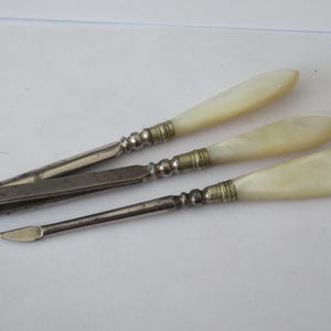 Vintage/Antique Hand Carved Mother of Pearl Handled Manicure/Vanity Set - Tweezers, Cuticle Pusher & Cuticle Cutter