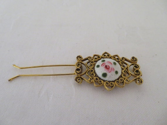 Vintage 1960s White Floral Guilloche Enamel Hair Barrette Vintage Gold Tone and White Guilloche Enamel Hairclip/slide  main image 3