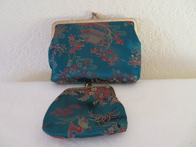 Bolso de noche estilo pagoda vintage con diseño floral y chino, con monedero, sin usar, NOS imagen 2