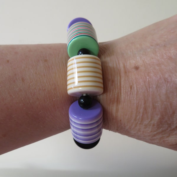 Vintage Multi Stripe Chunky Lucite Cylinder Stretch Bracelet/Bangle - 1980's - Wow Factor/Runway/Catwalk - Sobral/Stein/Godart