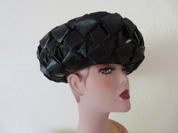 Vintage Black Woven Raffia on Net Upturned Brim H… - image 3