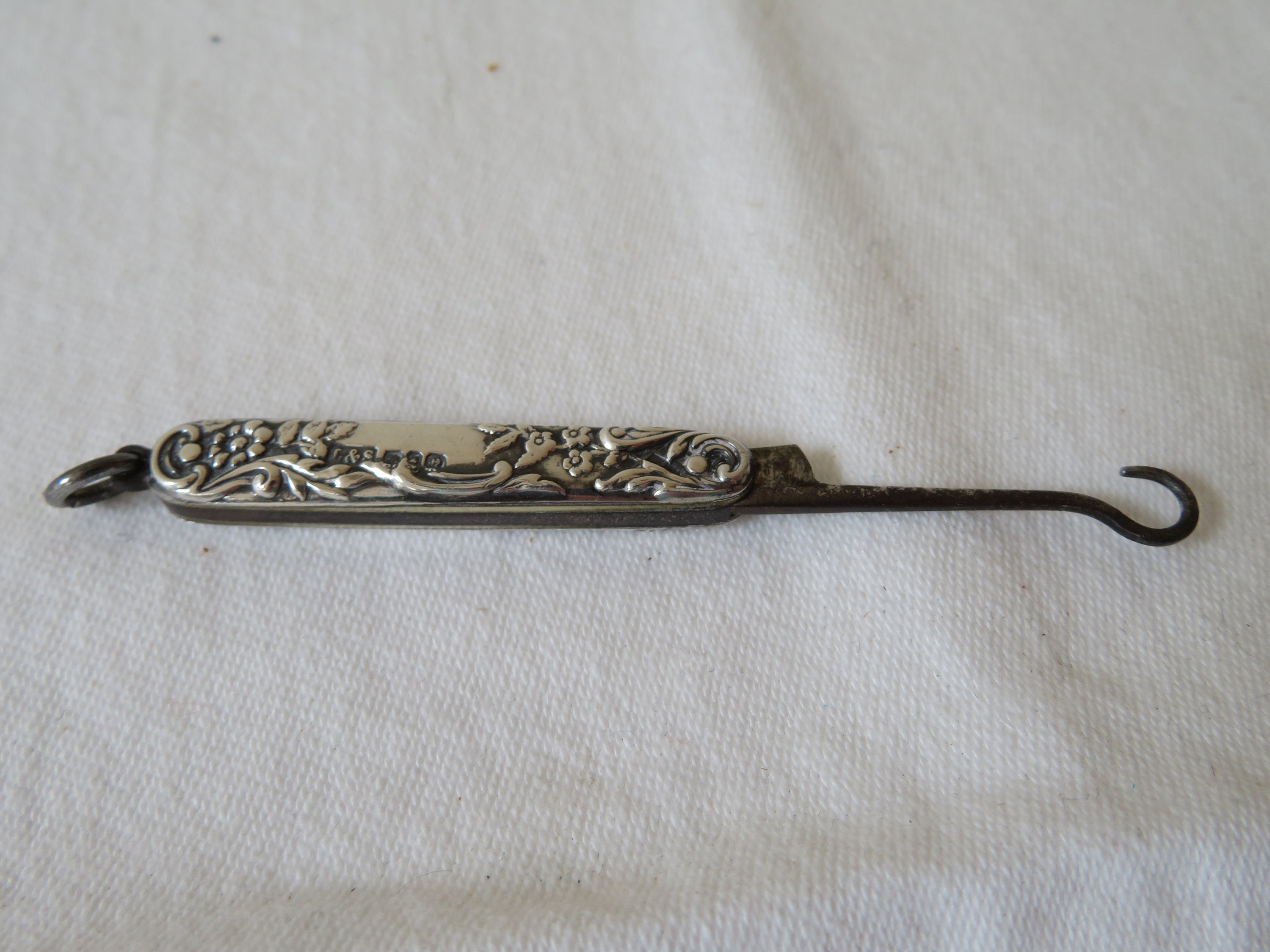 Antique Victorian Button Hook Sterling Silver Handle Dated 1900 Steel Hook  