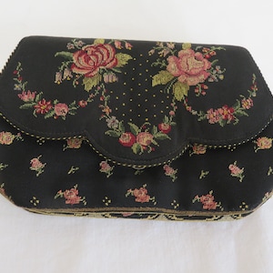 Vintage Black Silk and Petit Point/Tapestry/Embroidered Evening Clutch Bag with Strap/Bracelet - Floral Design - 1950&#39;s - High End Quality
