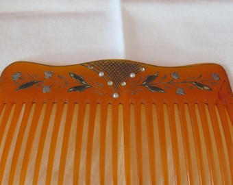 Antique Orange Celluloid, Painted, Faux Pearl & Diamante/Rhinestone Hair Comb - Victorian/Art Nouveau/Edwardian - Large Size Rare Find