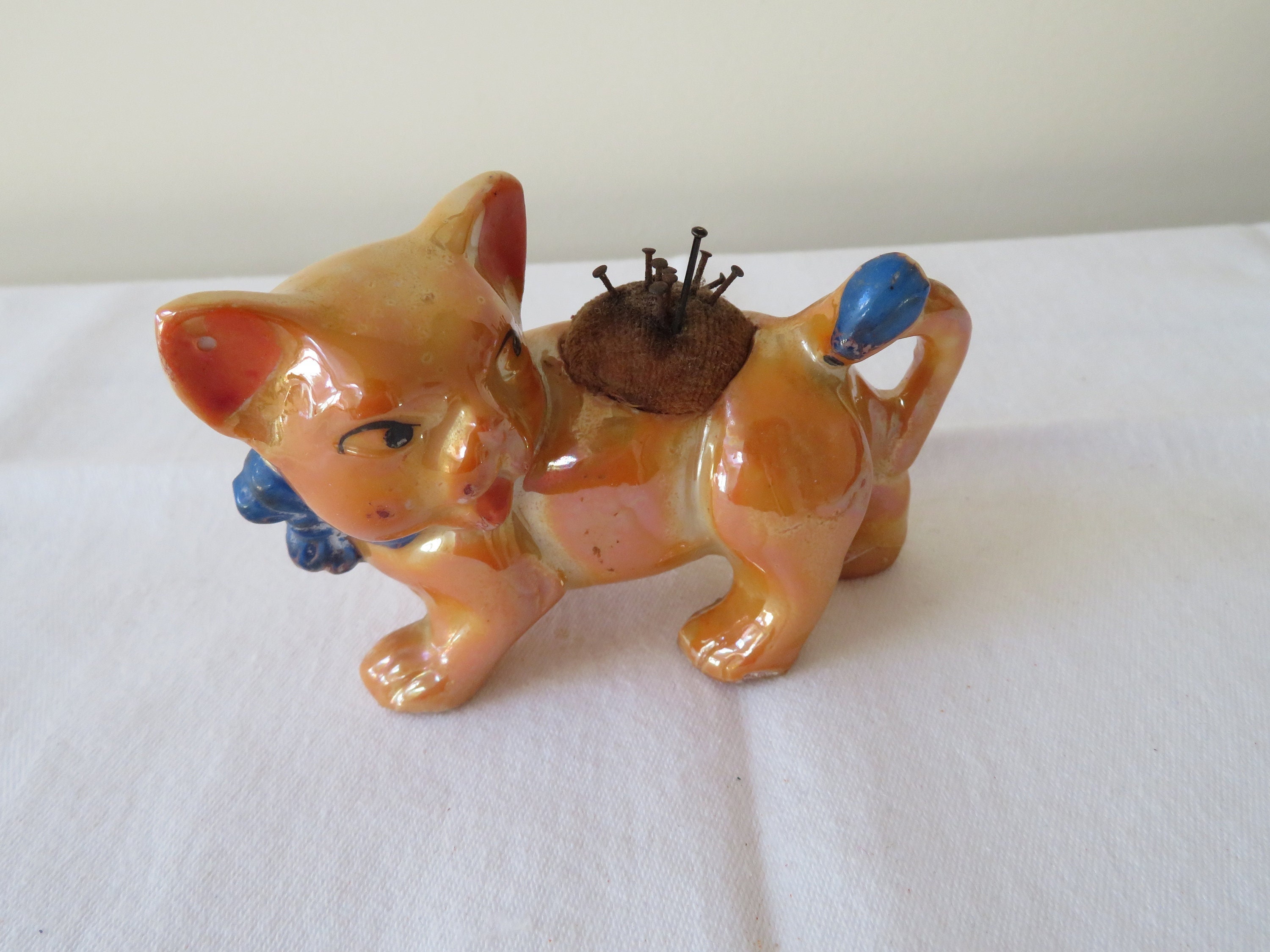 Vintage Japanese Lustre Ware Cat/pussy Cat Pin Cushion - 1940's
