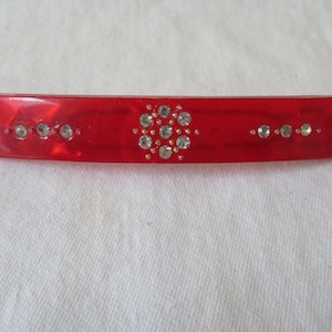 Vintage Long Cherry Red Pearlised Lucite Rectangular Hair Clip/Slide/Barrette with Diamante/Rhinestone Detail - 1960&#39;s