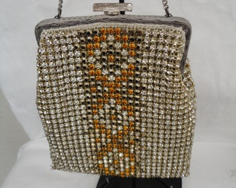 Vintage Art Deco Rhinestone/Diamante Evening Bag/Purse - Clear, Grey & Amber Prong Set Panel Czechoslovakia/Bohemia - Downton/Gatsby/Flapper