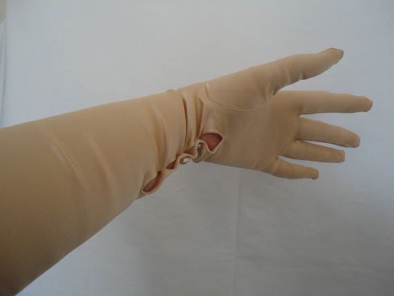 Vintage Gold Stretch Satin Opera Length Gloves by… - image 2
