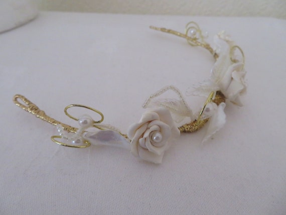 Vintage Ivory Rose and White Leaves Tiara/Crown/H… - image 8